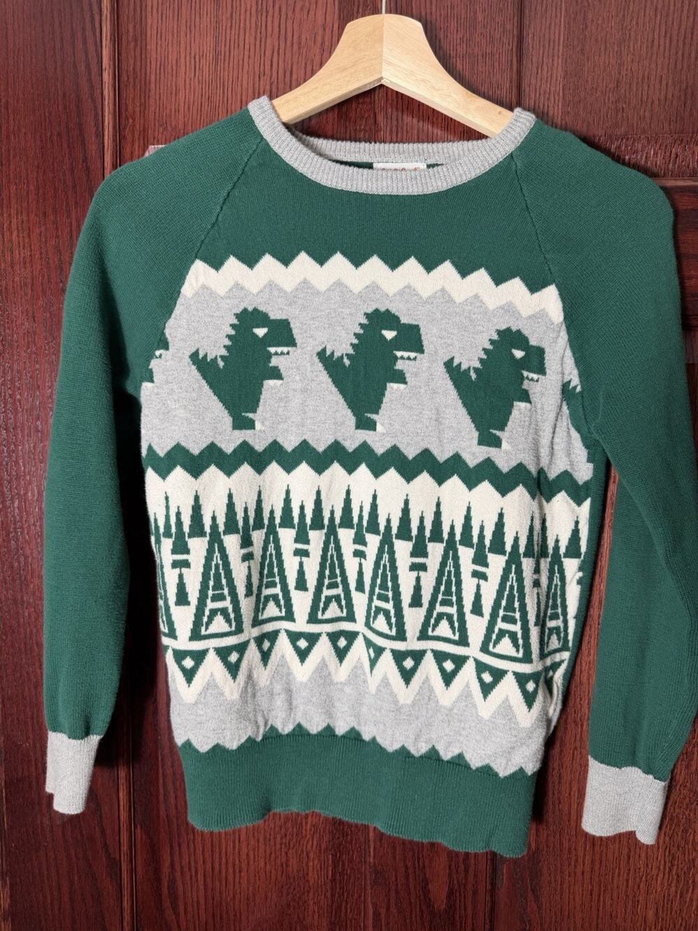Cat & Jack Boys Fair Isle Dinosaur Knit Sweater Medium 8/10 T-Rex Green Winter
